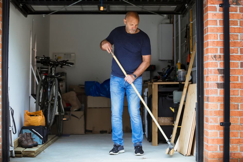 A man is cleaning the garage floor with a broom in Seminole County, FL
