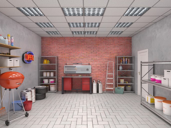 Organized garage with shelves, tools, and a brick wall in Orlando & Central FL